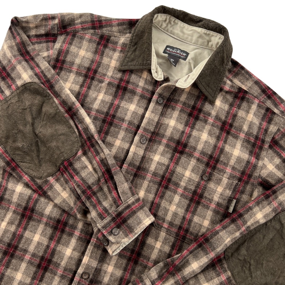 Woolrich Wool Blend Flannel Shirt Mens XL Brown Red Plaid Suede Elbow Patches